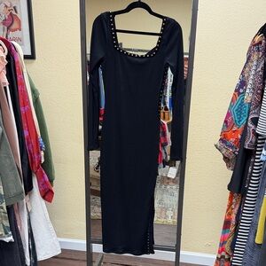 Free People Black Long-Sleeve Stud-Trim Ribbed Midi Dress